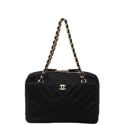 CHANEL Coco Mark Quilted Chain Tote Bag Black Cotton Women's
