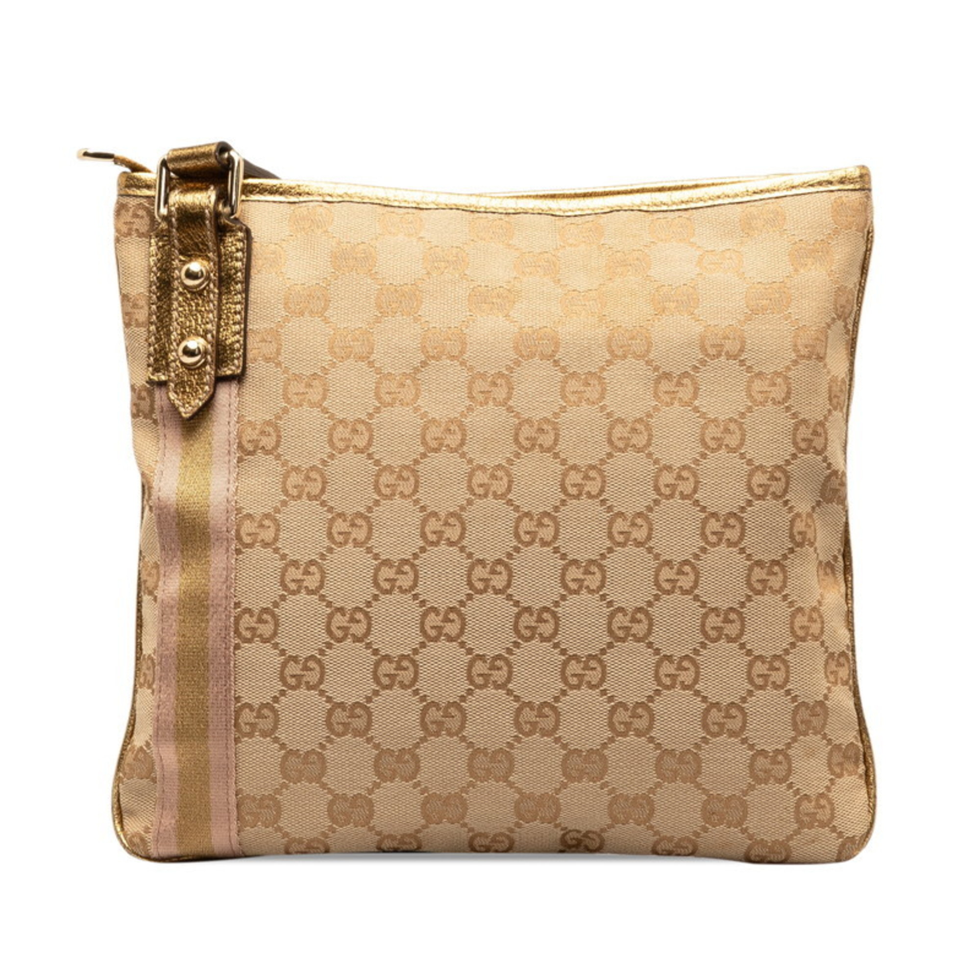 Gucci GG Canvas Shelly Shoulder Bag 144388 Beige Gold Leather Women's GUCCI