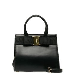 Salvatore Ferragamo Vara Ribbon Handbag Shoulder Bag BA 21 4178 Black Leather Canvas Women's