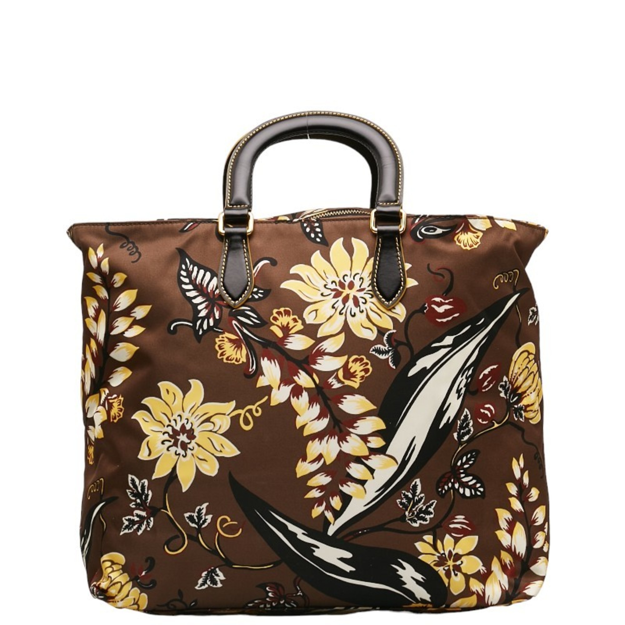 Prada Flower Handbag Shoulder Bag BN2741 Brown Yellow Nylon Leather Women's PRADA