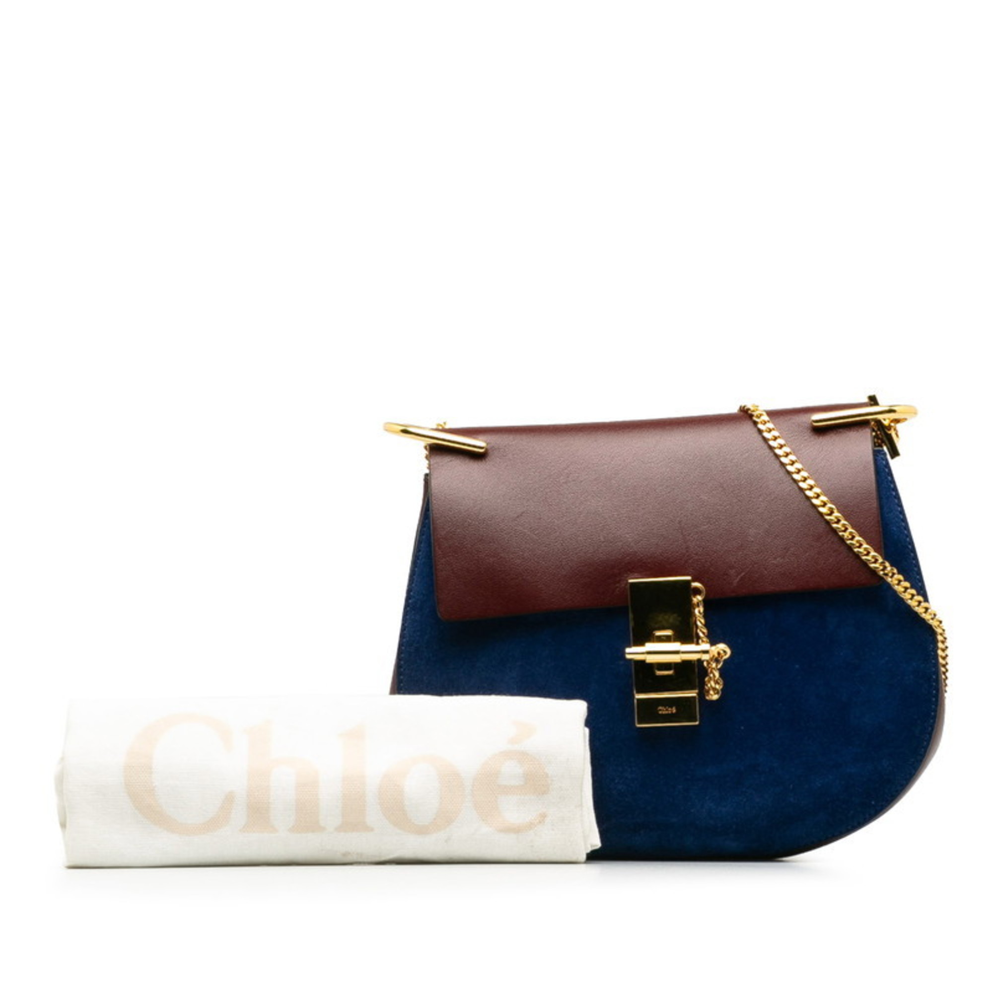 Chloé Chloe Drew Chain Shoulder Bag Blue Brown Leather Suede Women's