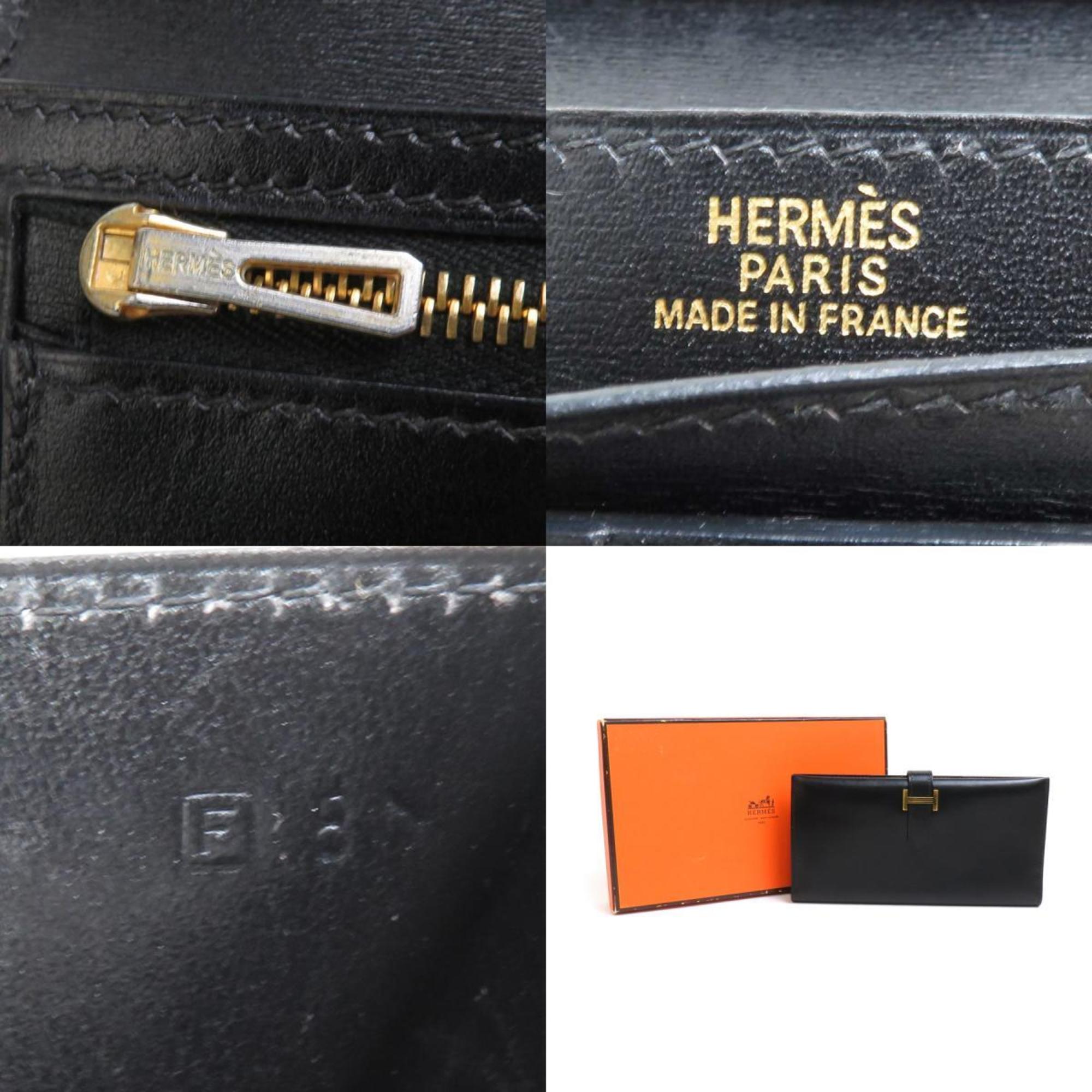 Hermes HERMES Bi-fold Long Wallet Bearn Classic Box Scarf Muffler Black Gold Unisex h30239f