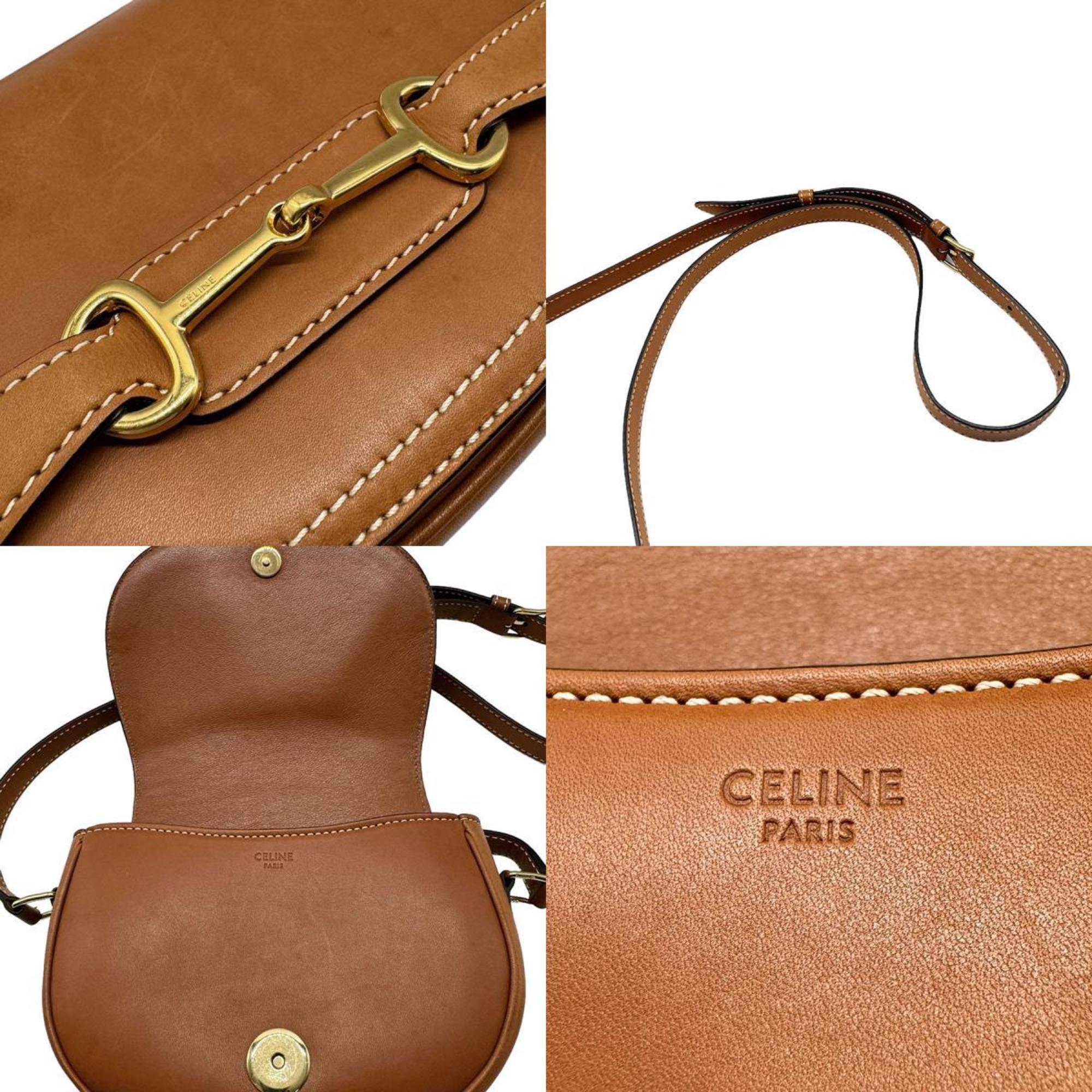 CELINE Shoulder Bag Leather Brown Gold Women's z0496