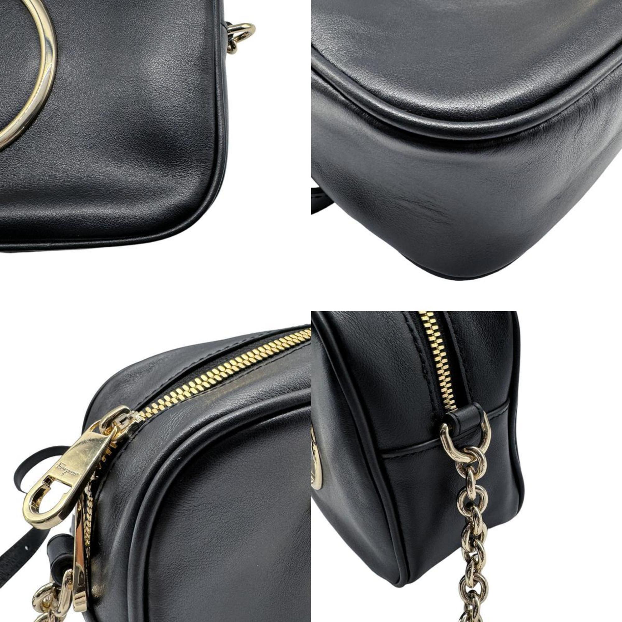 Salvatore Ferragamo Shoulder Bag Gancini Leather/Metal Black/Light Gold Women's z0492