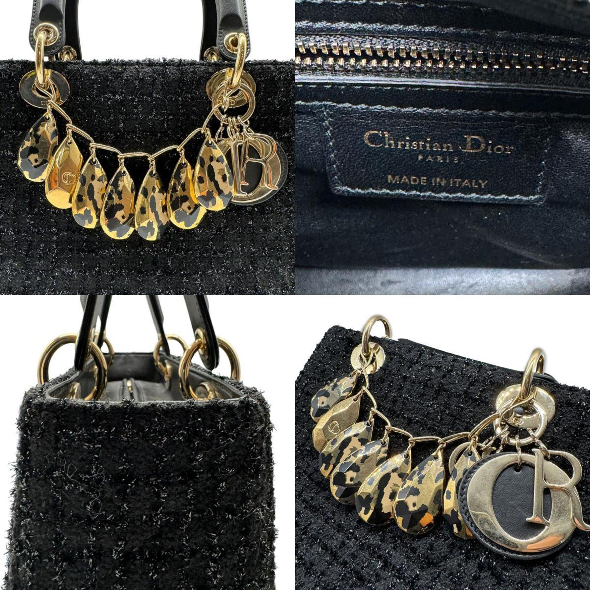 Christian Dior Lady Handbag Tweed/Leather Black x Gold Women's z0444
