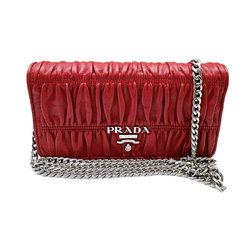 PRADA Shoulder Bag Leather/Metal Red/Silver Women's z0475