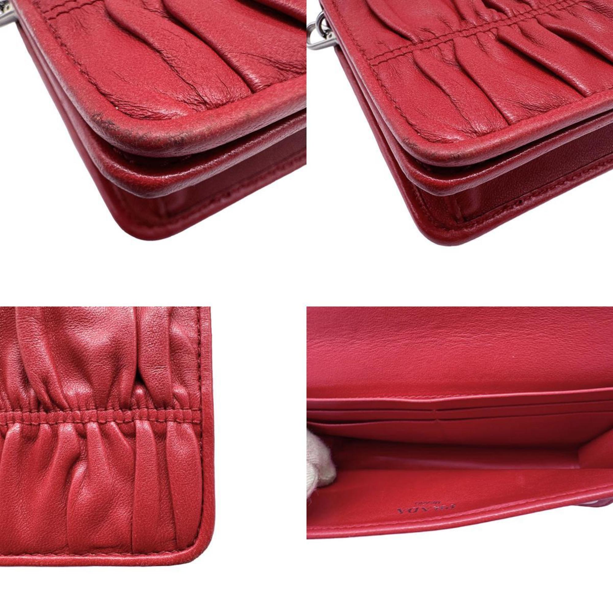 PRADA Shoulder Bag Leather/Metal Red/Silver Women's z0475