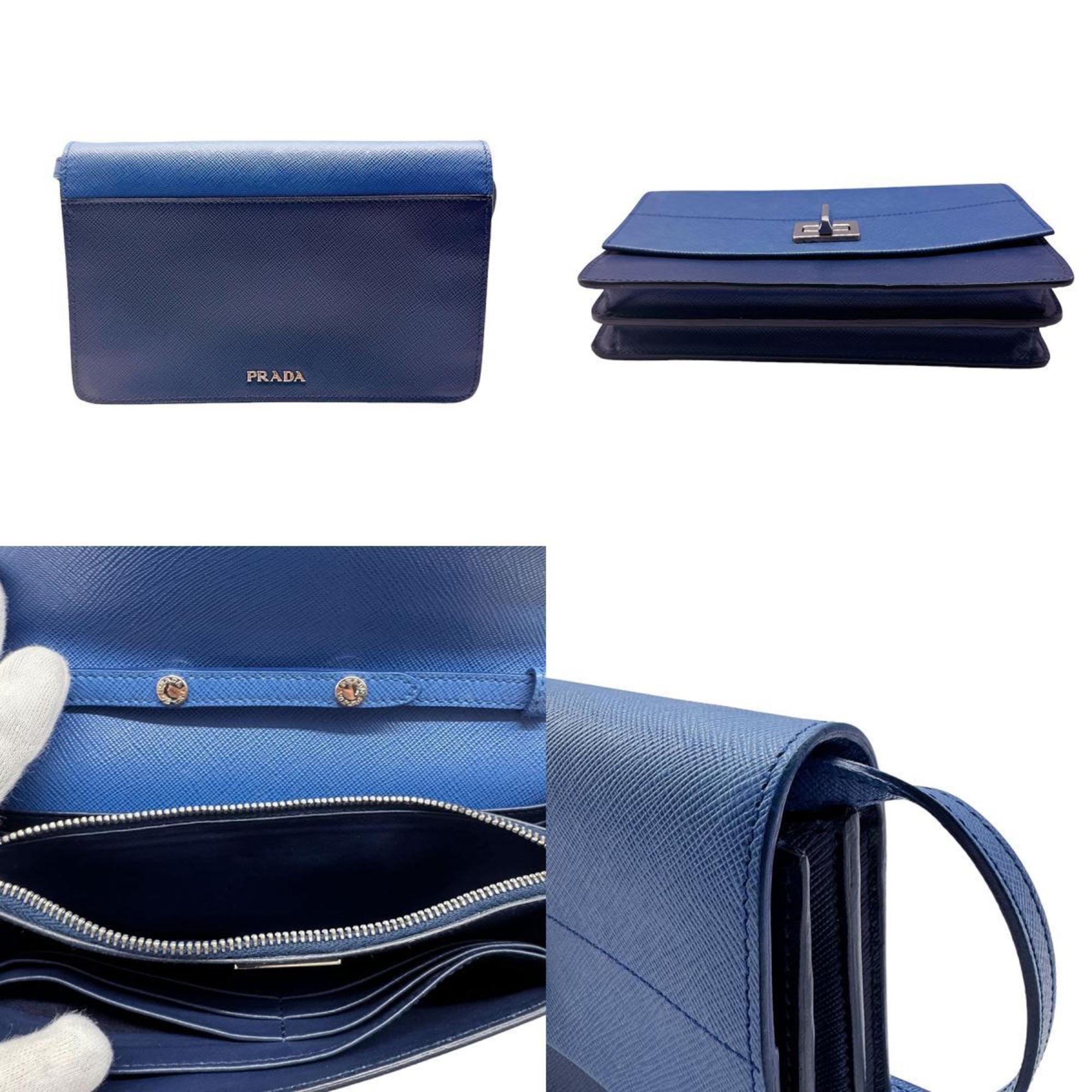 PRADA Shoulder Bag Wallet Leather Navy/Blue Silver Women's z0436