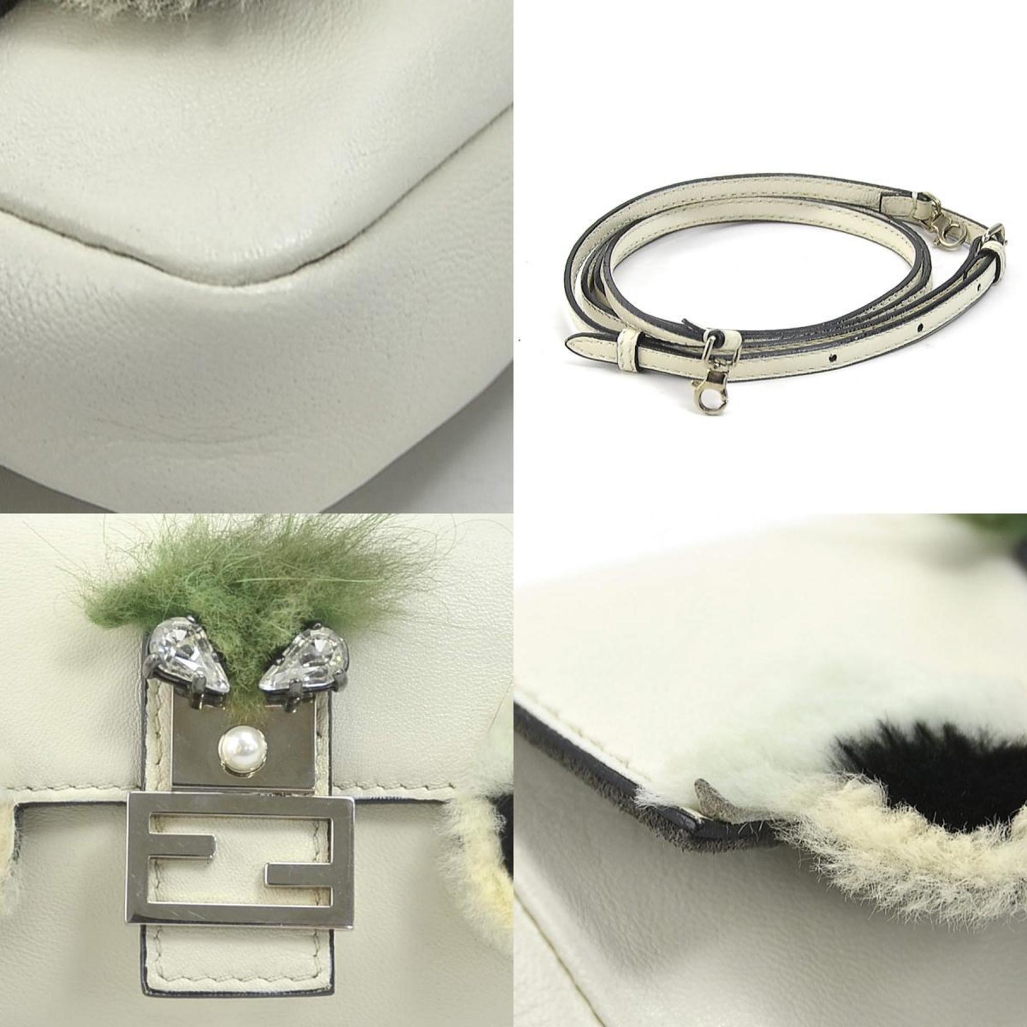 FENDI Handbag Shoulder Bag Monster Micro Baguette Leather/Fur Off-White/Green Silver Women's e58381g