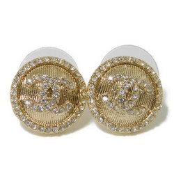 CHANEL Earrings Round Crystal Coco Mark Rhinestone Stud Champagne Gold 20A CC Clear Women's