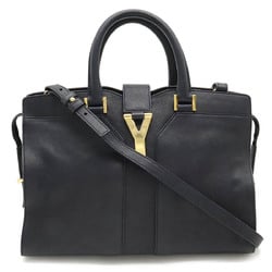 YVES SAINT LAURENT YSL Yves Saint Laurent Y-Line Cabas Chic Handbag Shoulder Leather Black Navy 370699