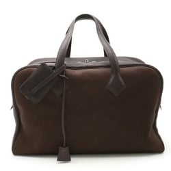 HERMES Victoria 43 Boston Bag Travel Toile Officier Taurillon Clemence Leather Chocolate Dark Brown G Stamp