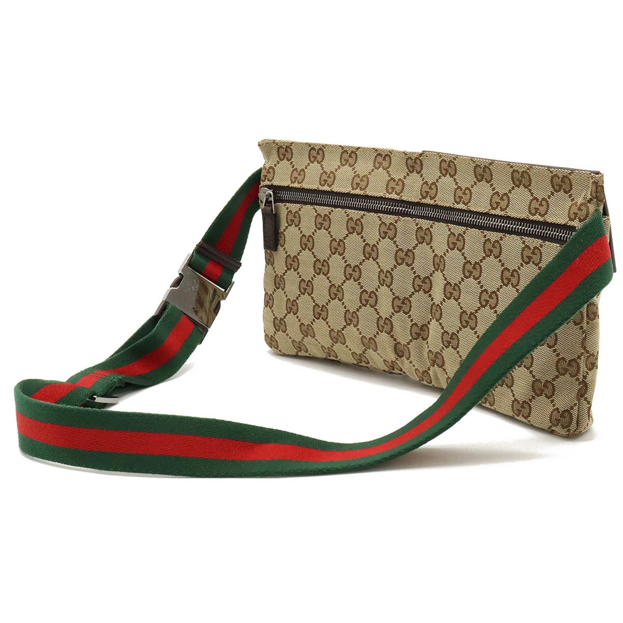 GUCCI Gucci GG Canvas Sherry Line Body Bag Waist Pouch Hip Leather Khaki Beige Dark Brown 28566