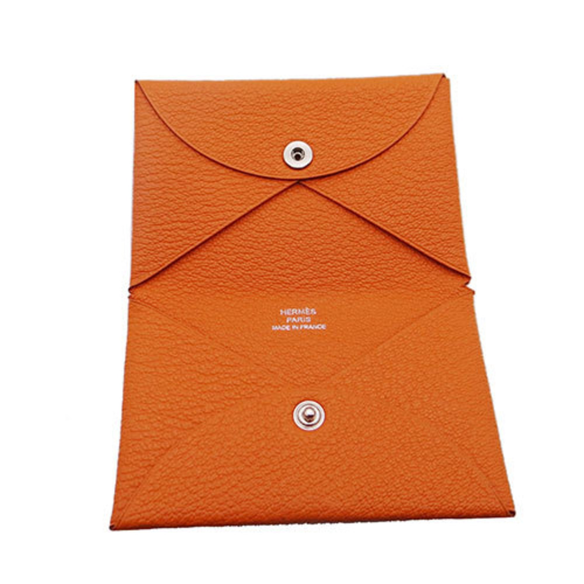 HERMES Card Case Calvi Chevre Mysore Women's Leather Orange Smart