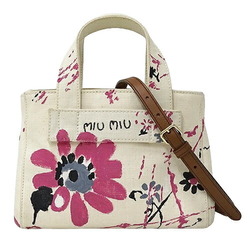 Miu MIUMIU Bag Women's Handbag Tote Shoulder 2way Canvas Canapa Paint Sabbia White Pink 5BA188 Compact