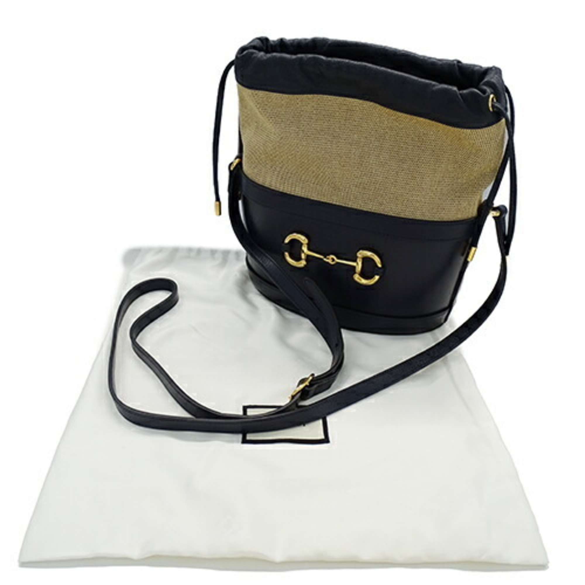 GUCCI Bag Women's Shoulder Leather Canvas Horsebit Bucket Navy Beige 602118