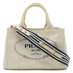 PRADA CANAPA Tote Bag Shoulder Striped Canvas White Blue 1BG439