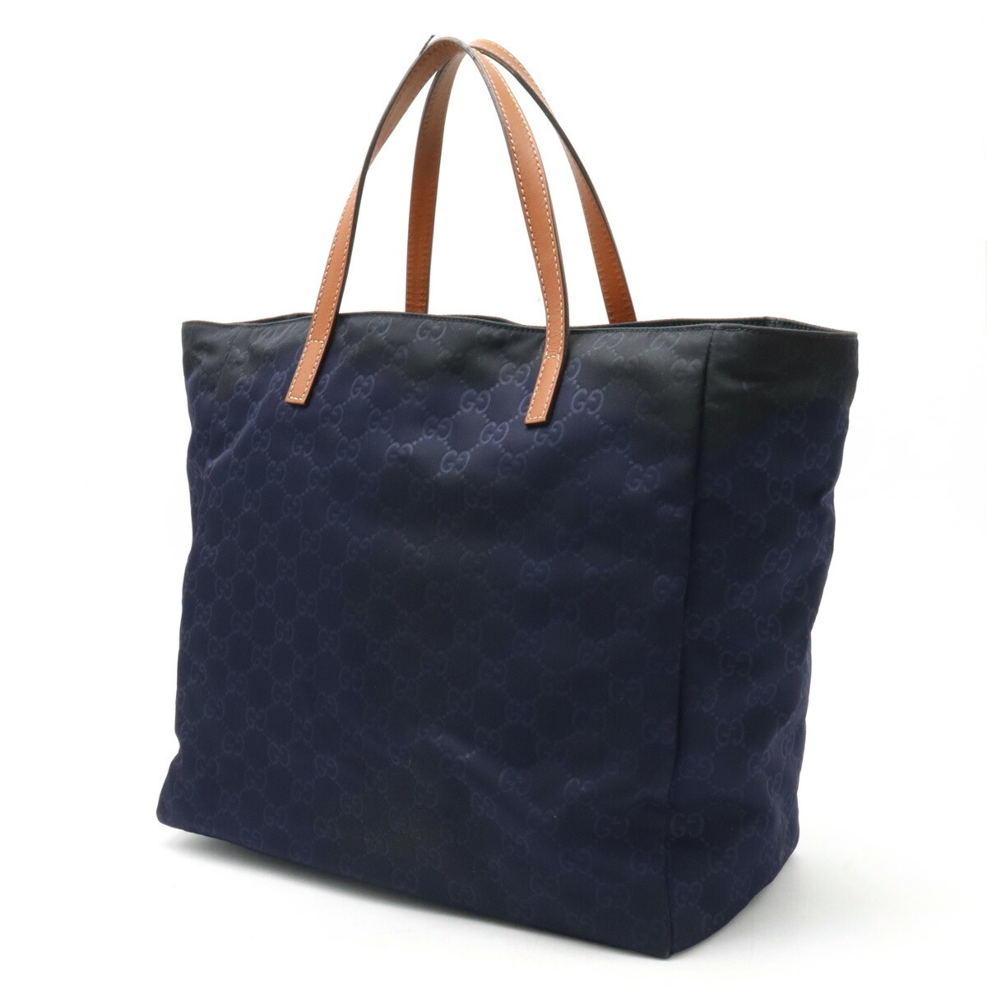 GUCCI GG Nylon Tote Bag Handbag Leather Navy Brown 282439