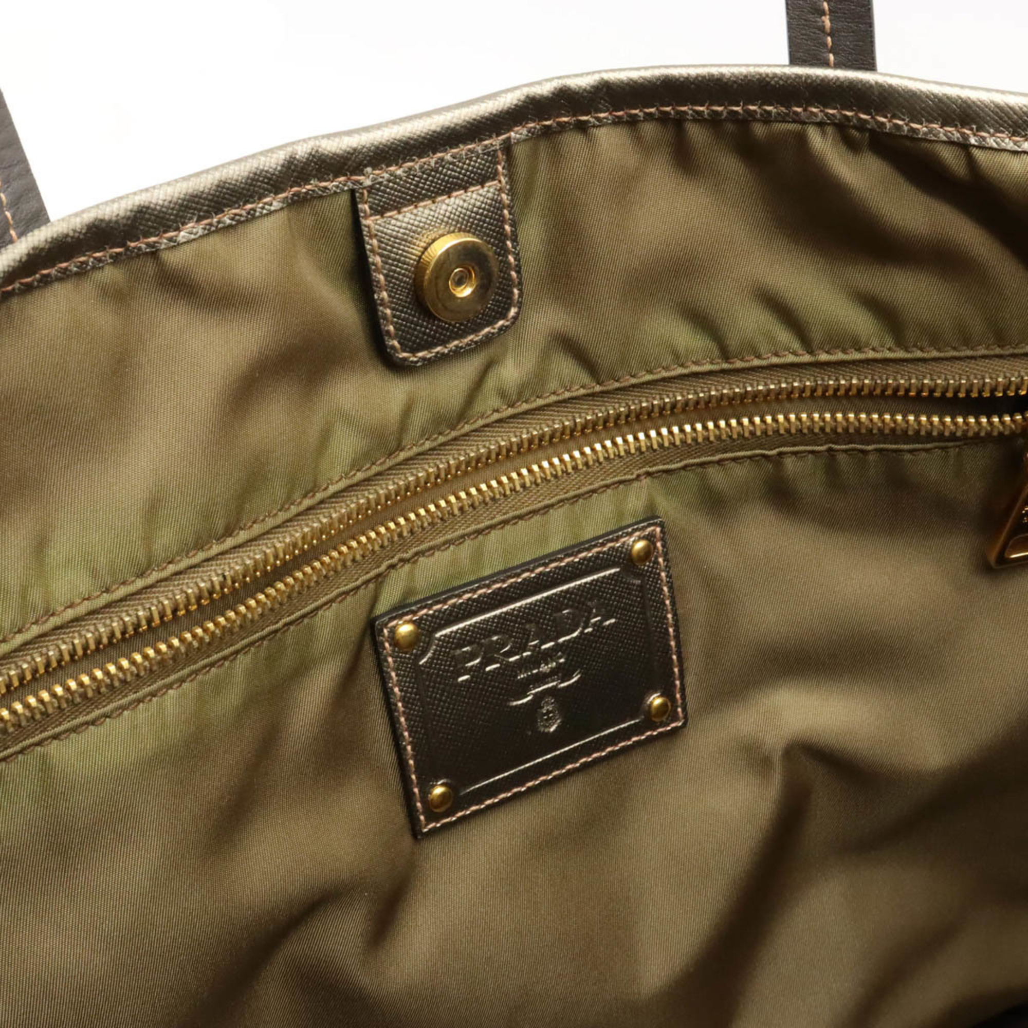 PRADA Prada Tote Bag Shoulder Nylon Metallic Leather FUMO MORDORE Khaki BR4001
