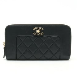CHANEL Mademoiselle Matelasse Coco Mark Round Long Wallet Leather Black A80969