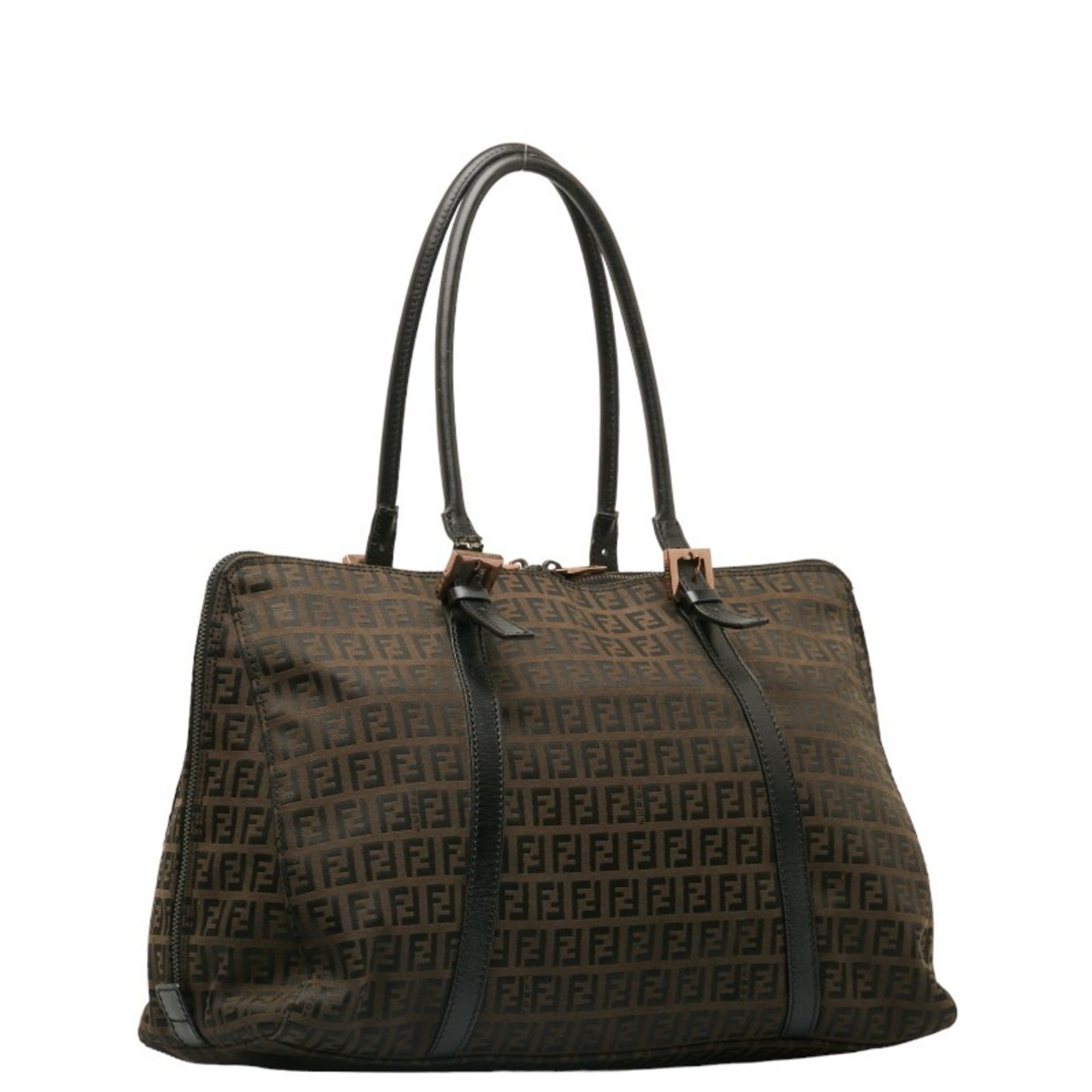 FENDI Zucchino Handbag Tote Bag 8BN003 Brown Canvas Leather Women's