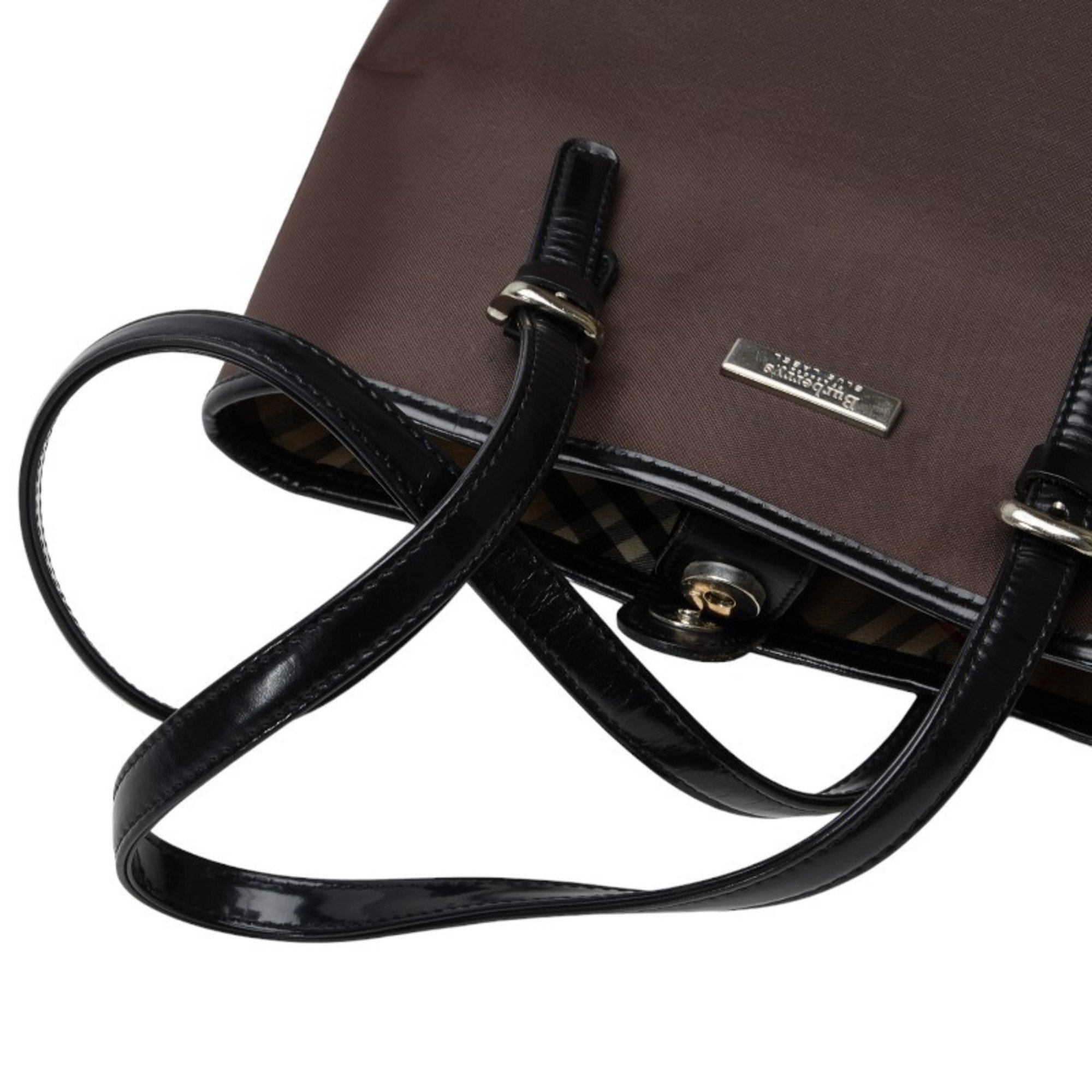 Burberry Nova Check Handbag Tote Bag Brown Black Nylon Leather Women's BURBERRY