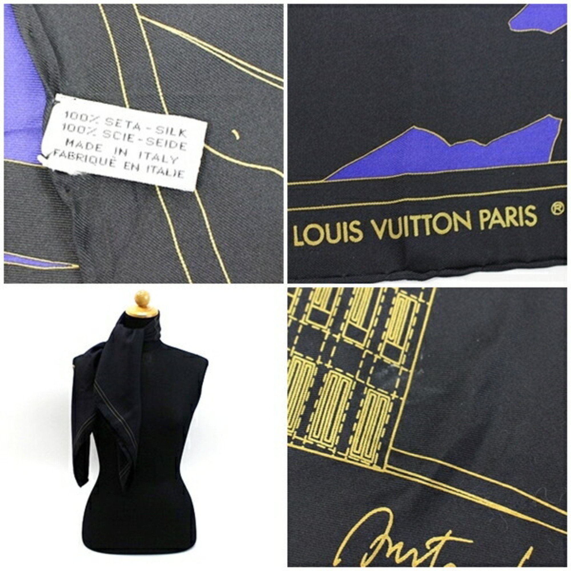 Louis Vuitton Silk Scarf Muffler Black Women's