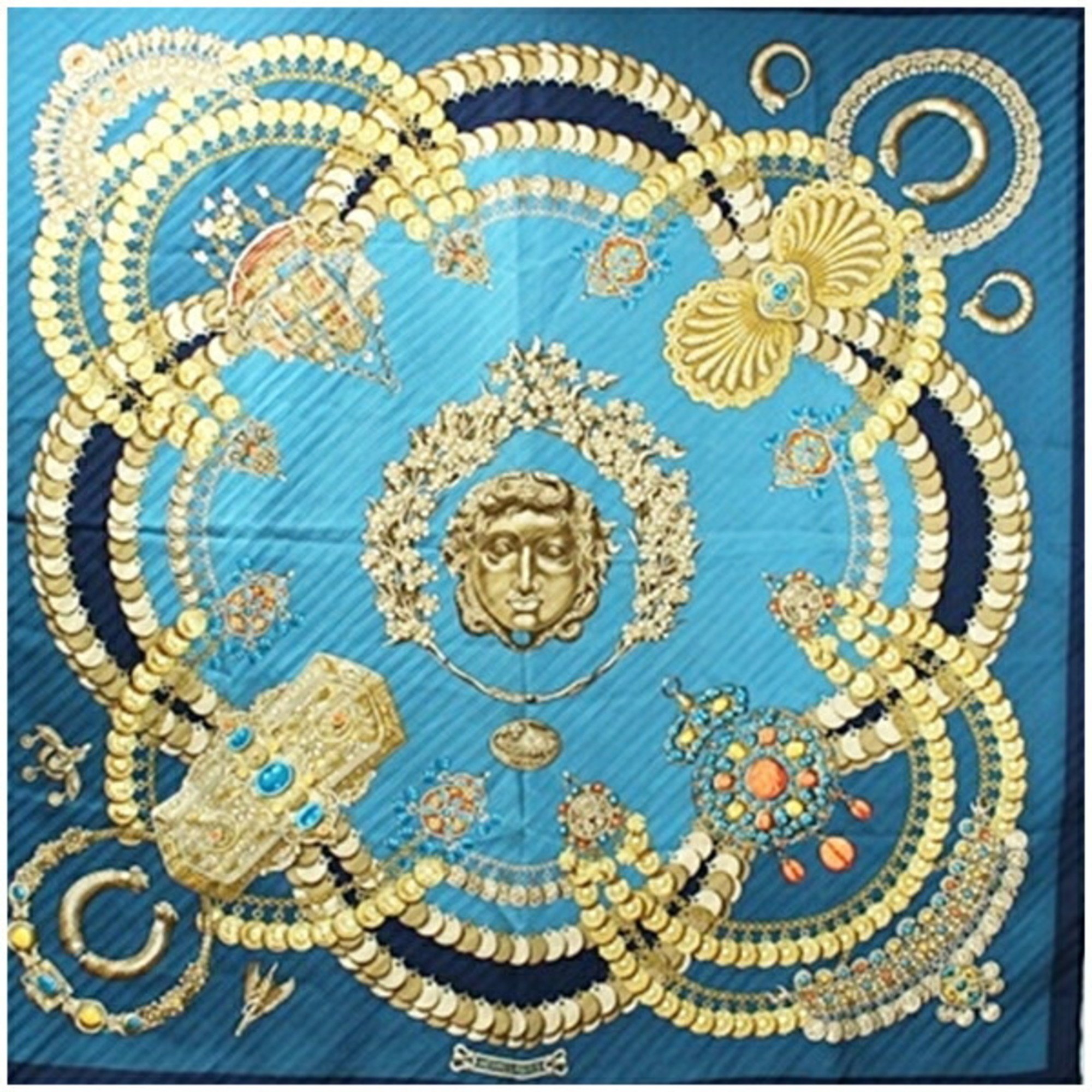 Hermes Pleated Silk Scarf Muffler Carre 90 "KOSMIMA" Space Blue HERMES Women's