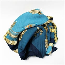 Hermes Pleated Silk Scarf Muffler Carre 90 "KOSMIMA" Space Blue HERMES Women's