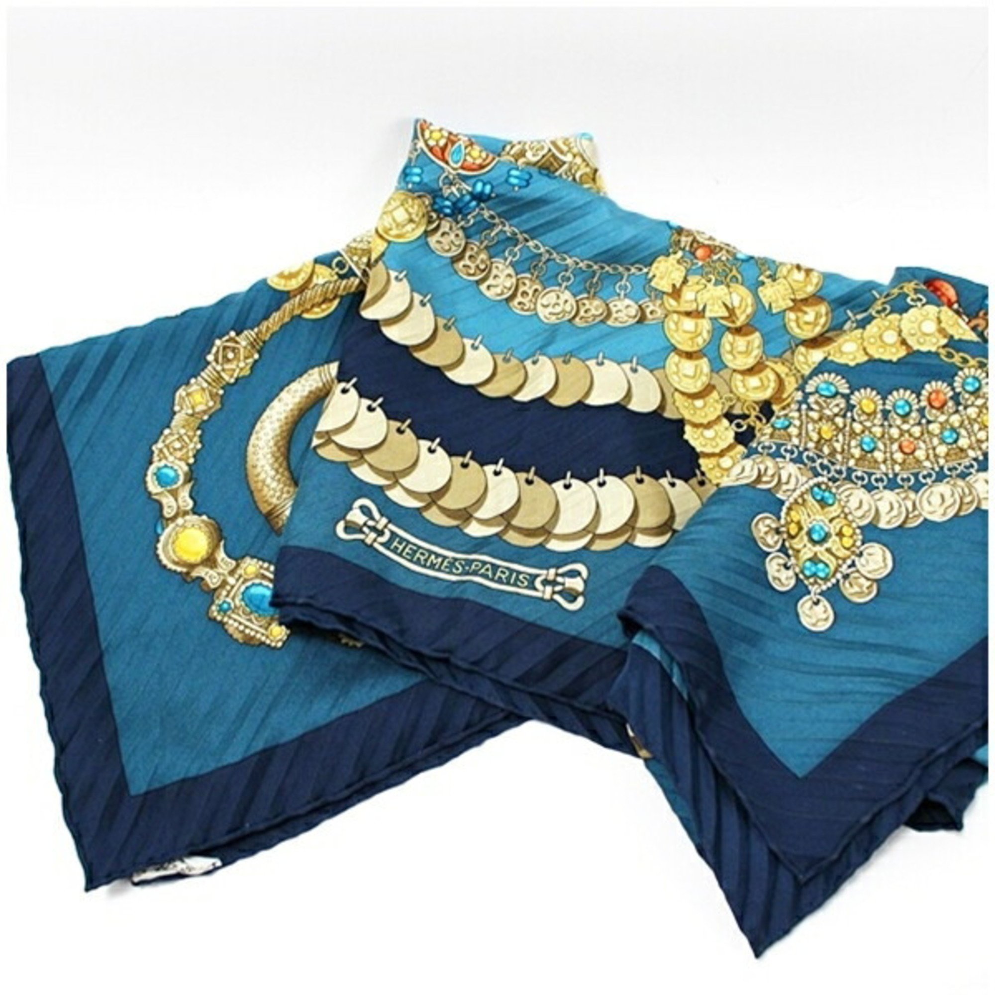 Hermes Pleated Silk Scarf Muffler Carre 90 "KOSMIMA" Space Blue HERMES Women's