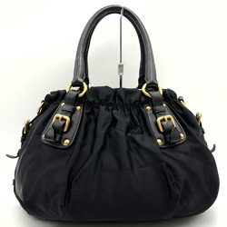 Prada handbag, gathered, embroidered, black, nylon, leather, women's, PRADA