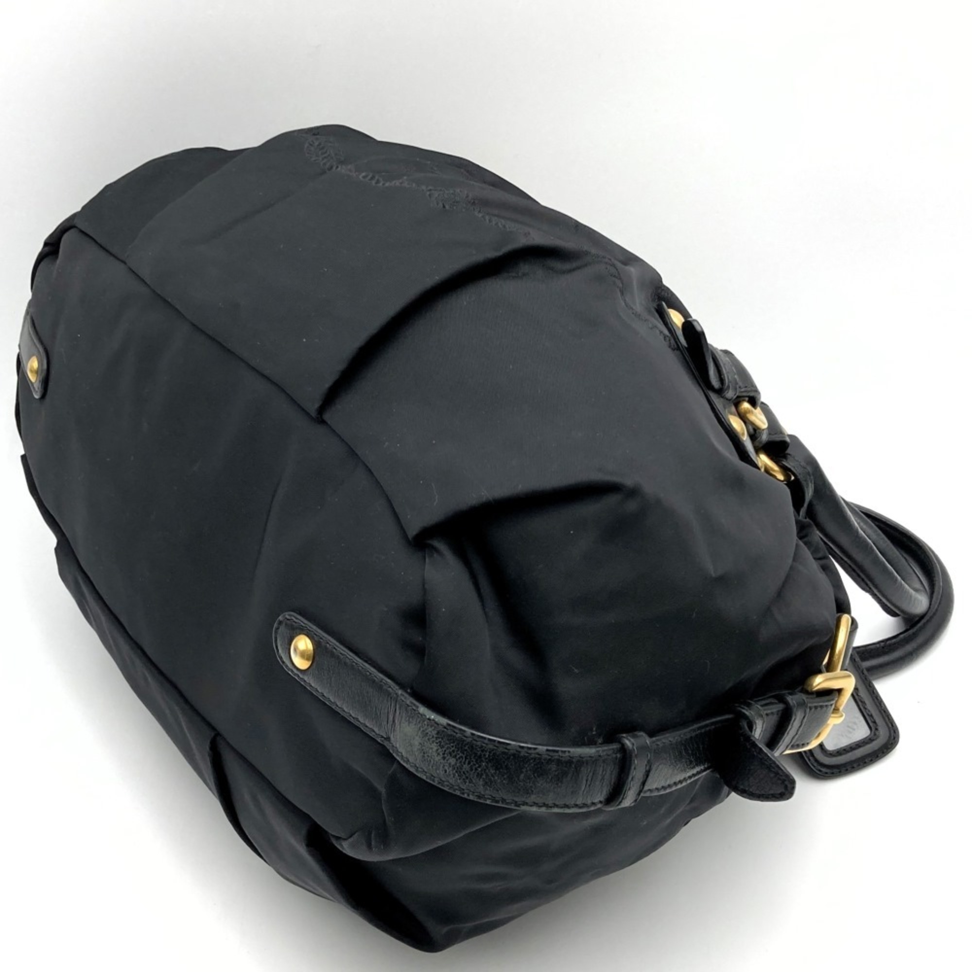 Prada handbag, gathered, embroidered, black, nylon, leather, women's, PRADA