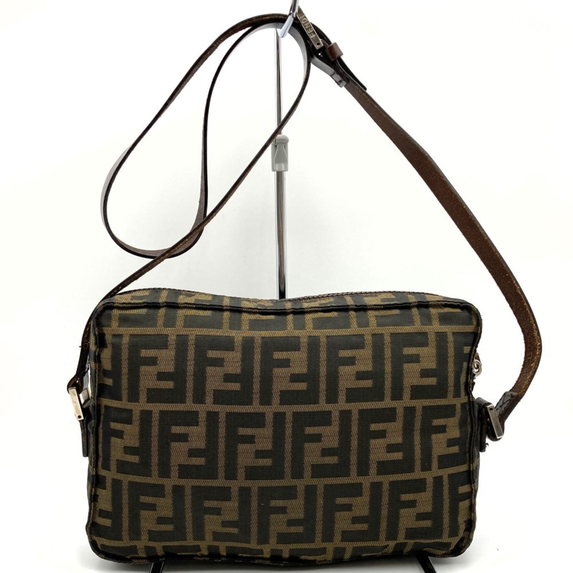 FENDI Shoulder Bag Pochette Zucca Pattern Brown Nylon Leather Women's