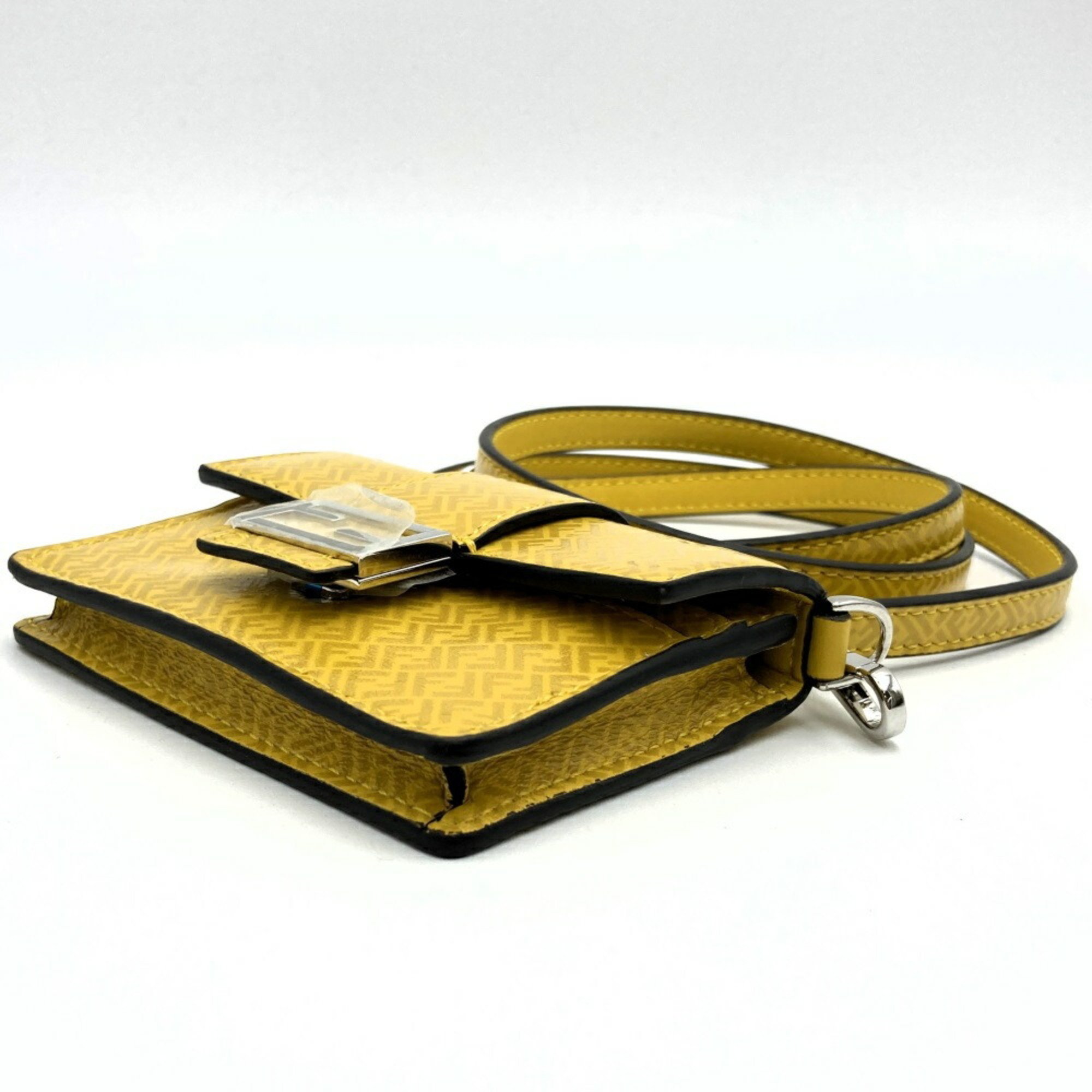 FENDI Micro Flat Baguette Card Case Pochette Pouch with Shoulder Strap FF Yellow Leather Women's