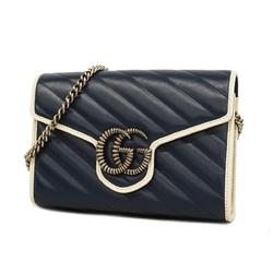 Gucci Shoulder Wallet GG Marmont 573807 Leather Navy White Women's
