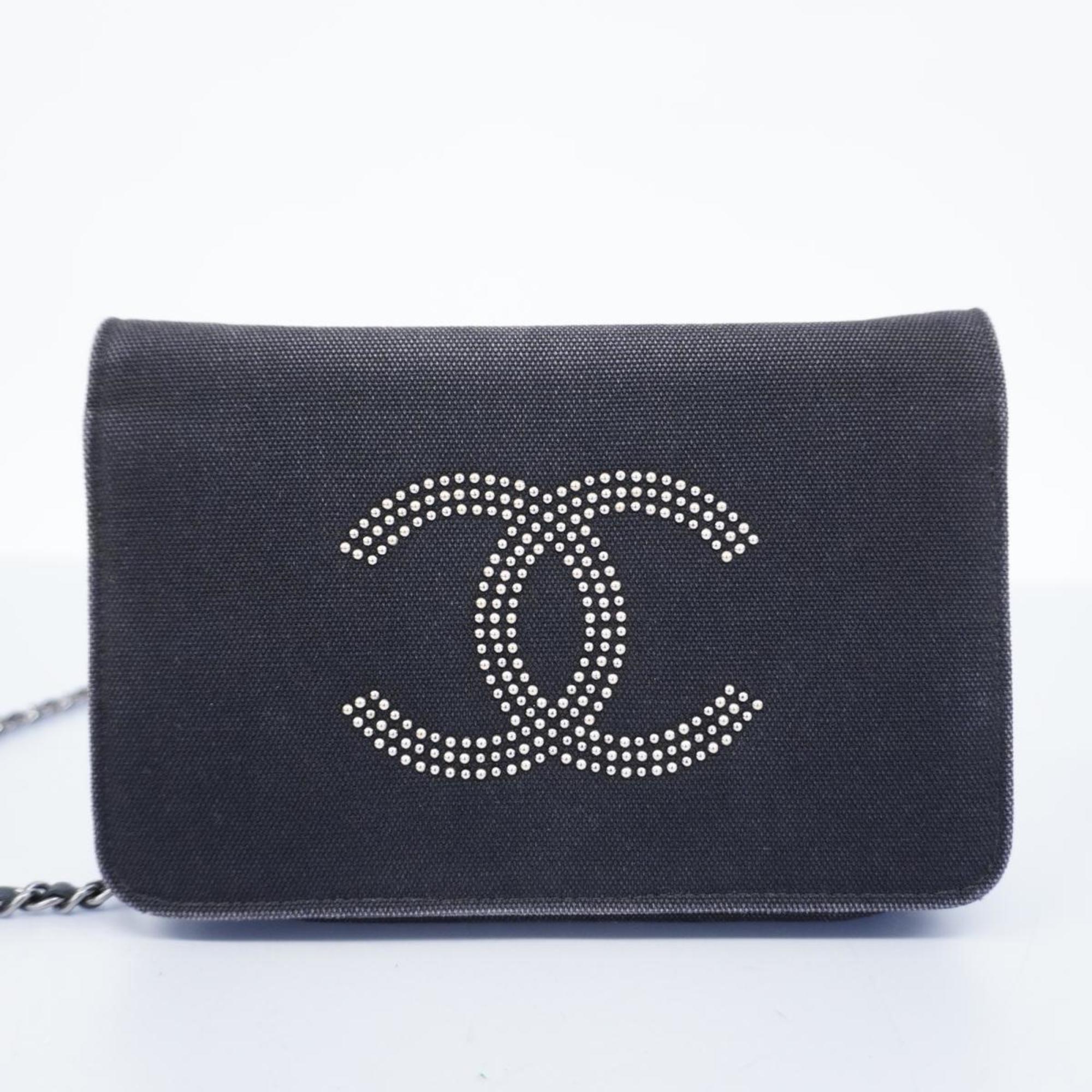 Chanel Shoulder Wallet Chain Canvas Grey Women's
