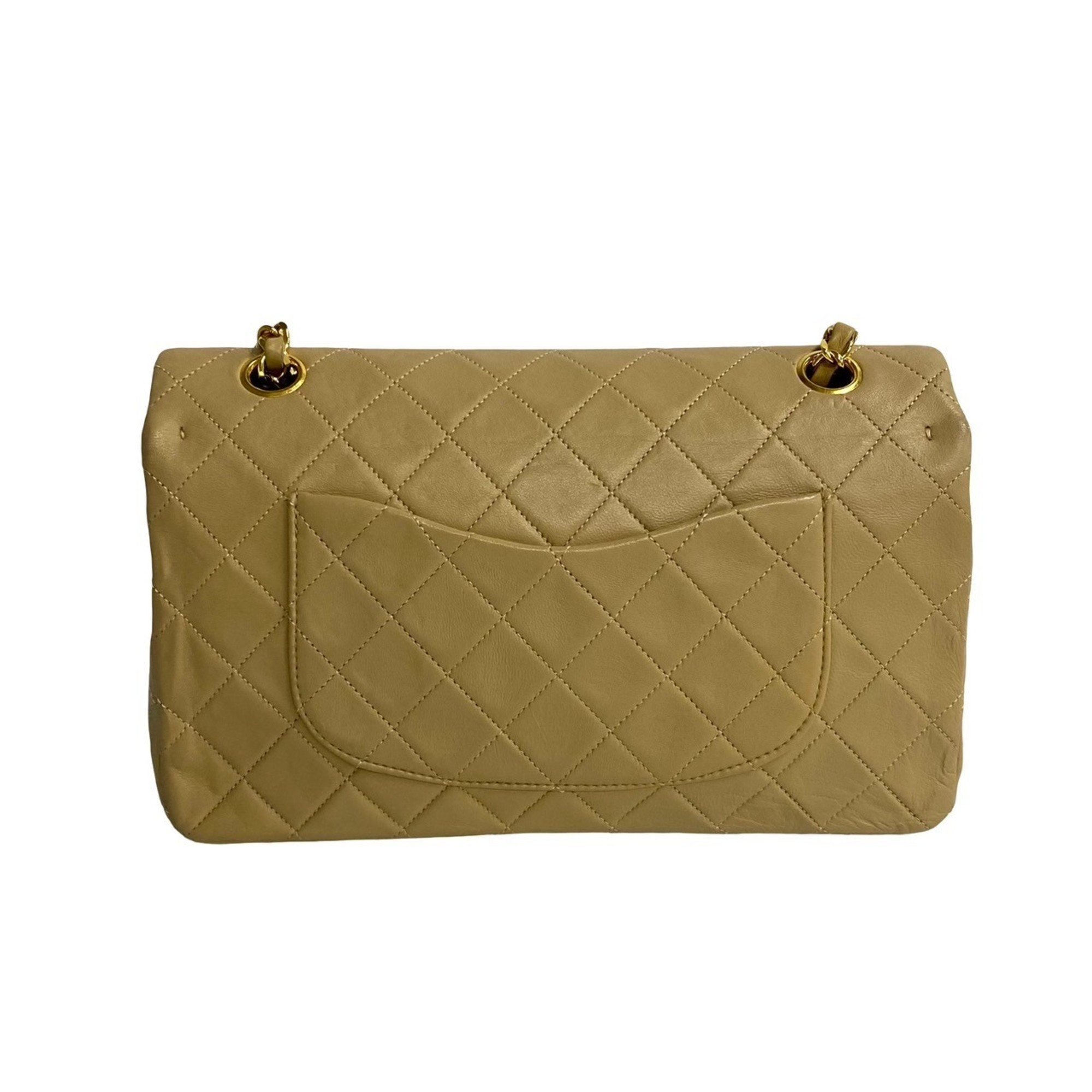 CHANEL Chanel Matelasse Double Flap 25cm Leather Chain Handbag Beige 14514