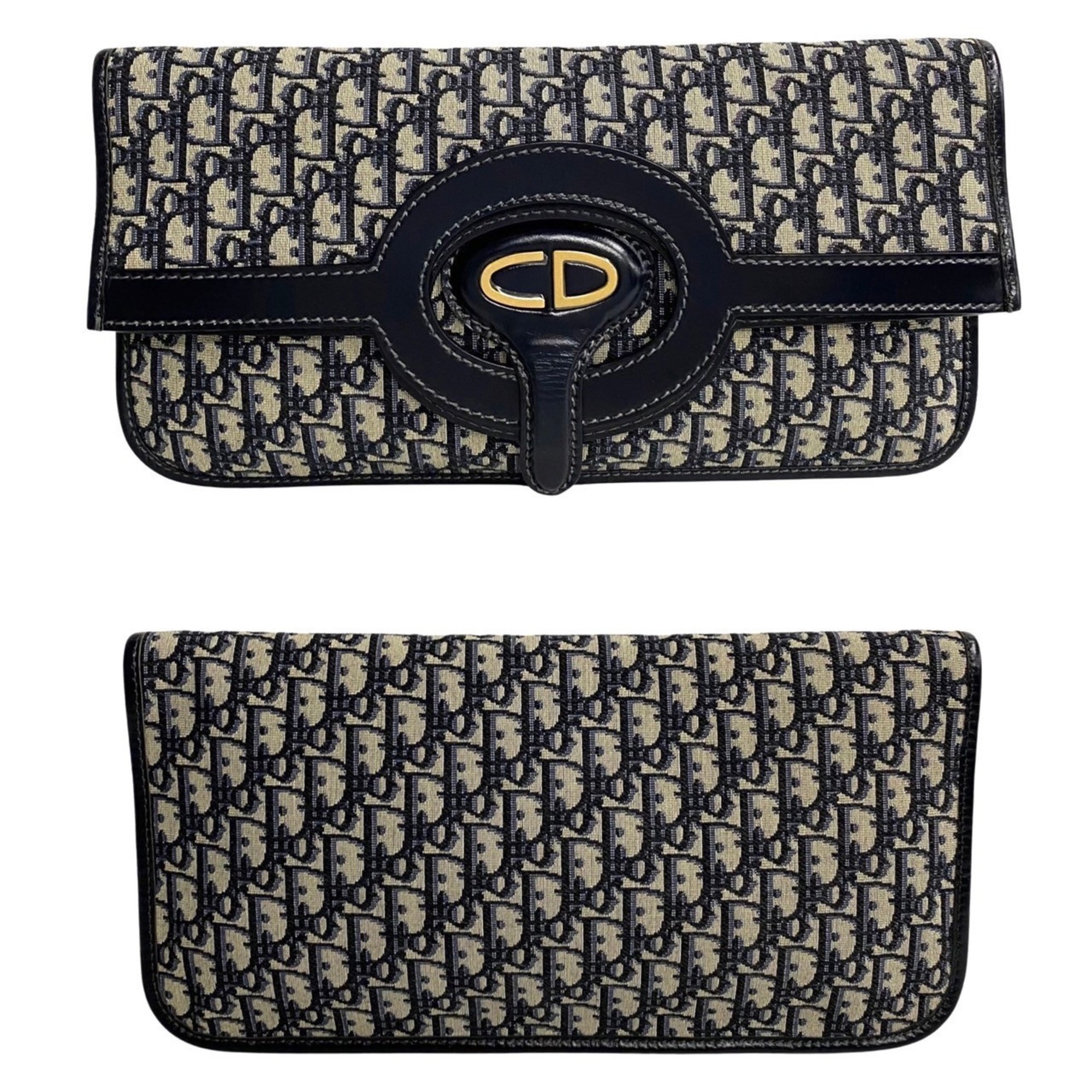 Christian Dior Trotter CD metal fittings canvas leather 2way clutch bag handbag navy 31875