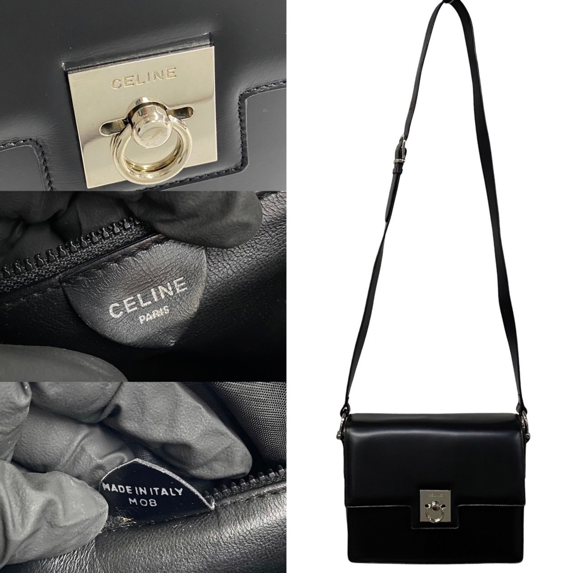 CELINE Ring hardware calf leather shoulder bag sacoche crossbody black 17598