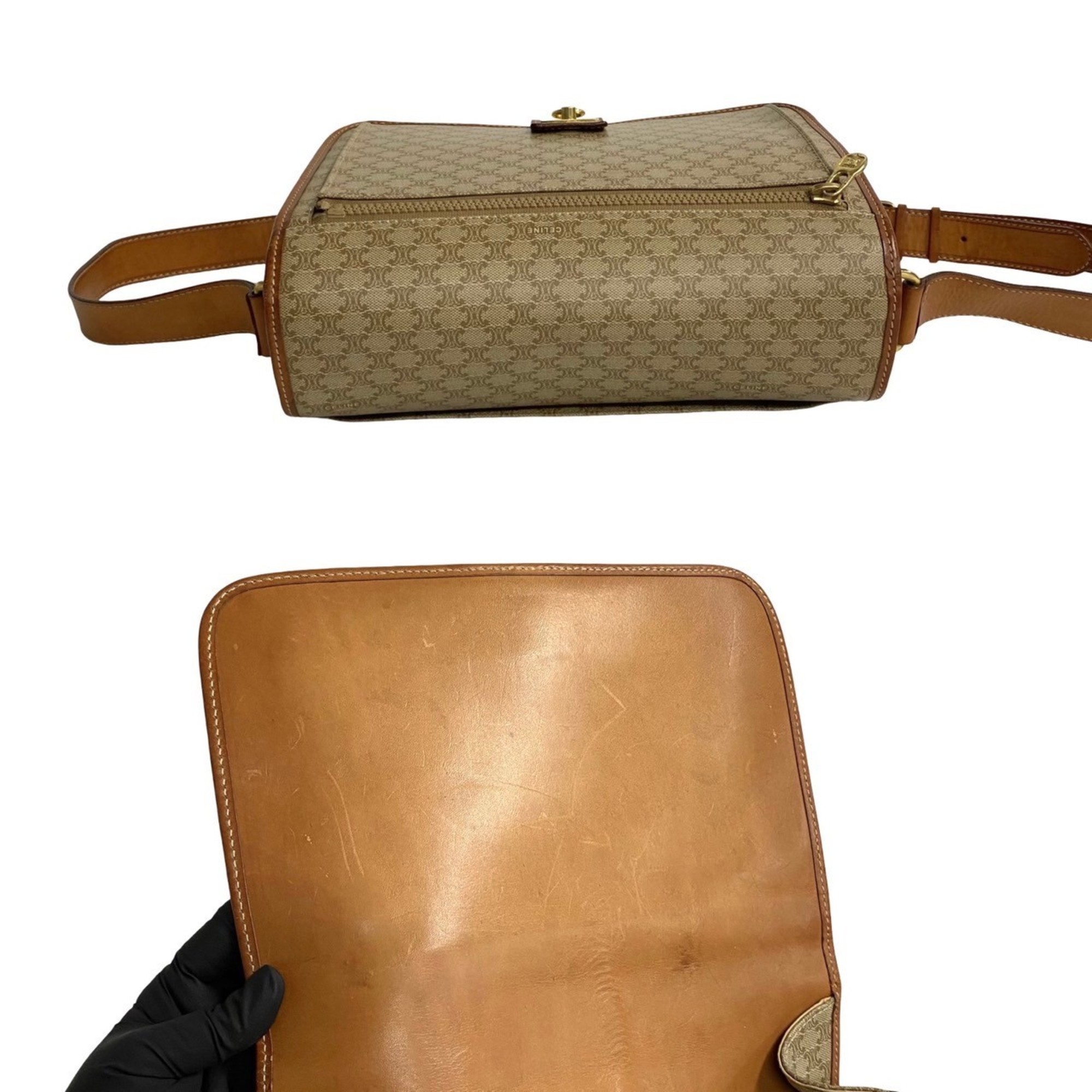 CELINE Macadam Blason Ring Leather Shoulder Bag Pochette Sacoche Brown Beige 92077