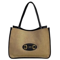 GUCCI Horsebit metal fittings canvas leather tote bag handbag beige black 15948