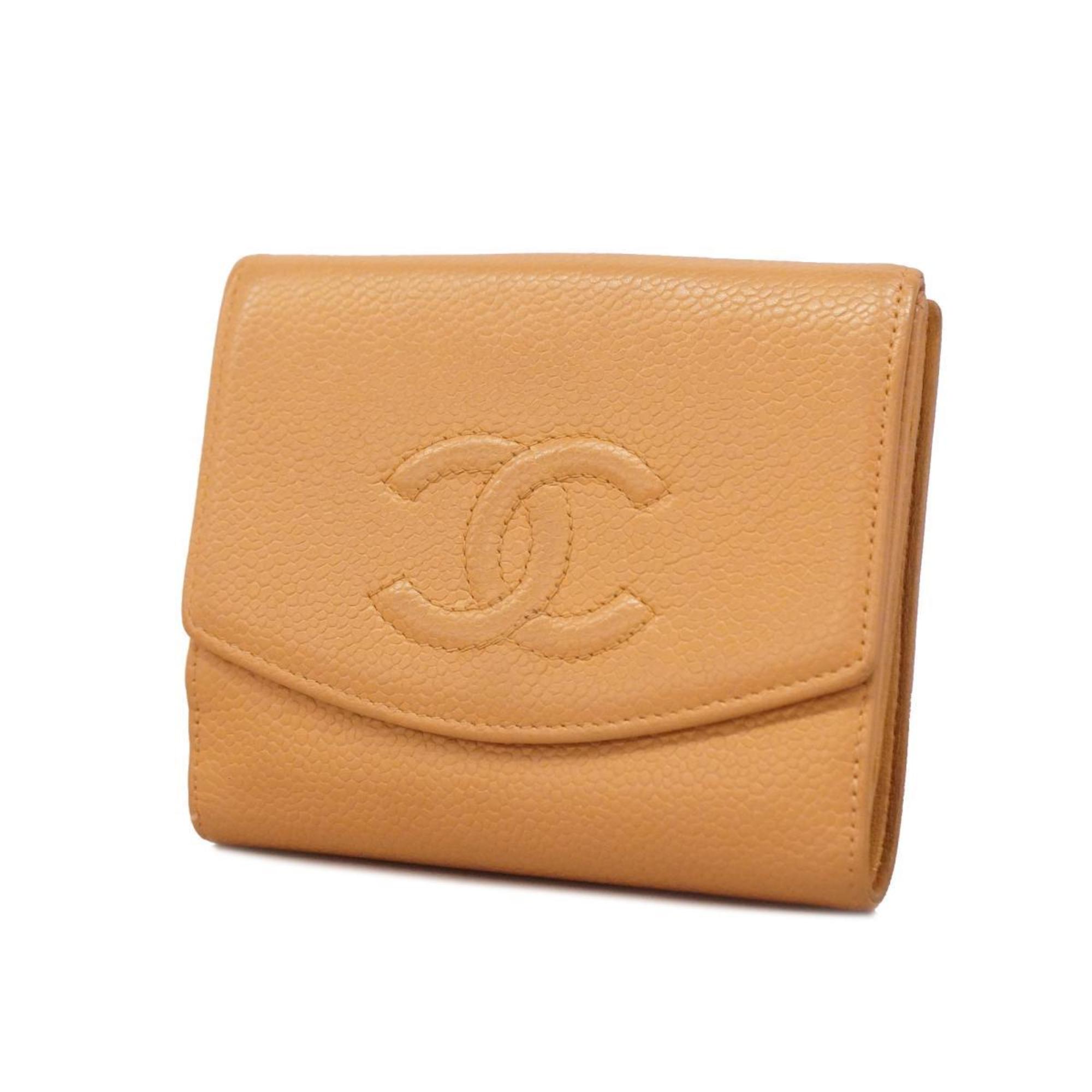 Chanel Tri-fold Wallet Caviar Skin Light Brown Women's