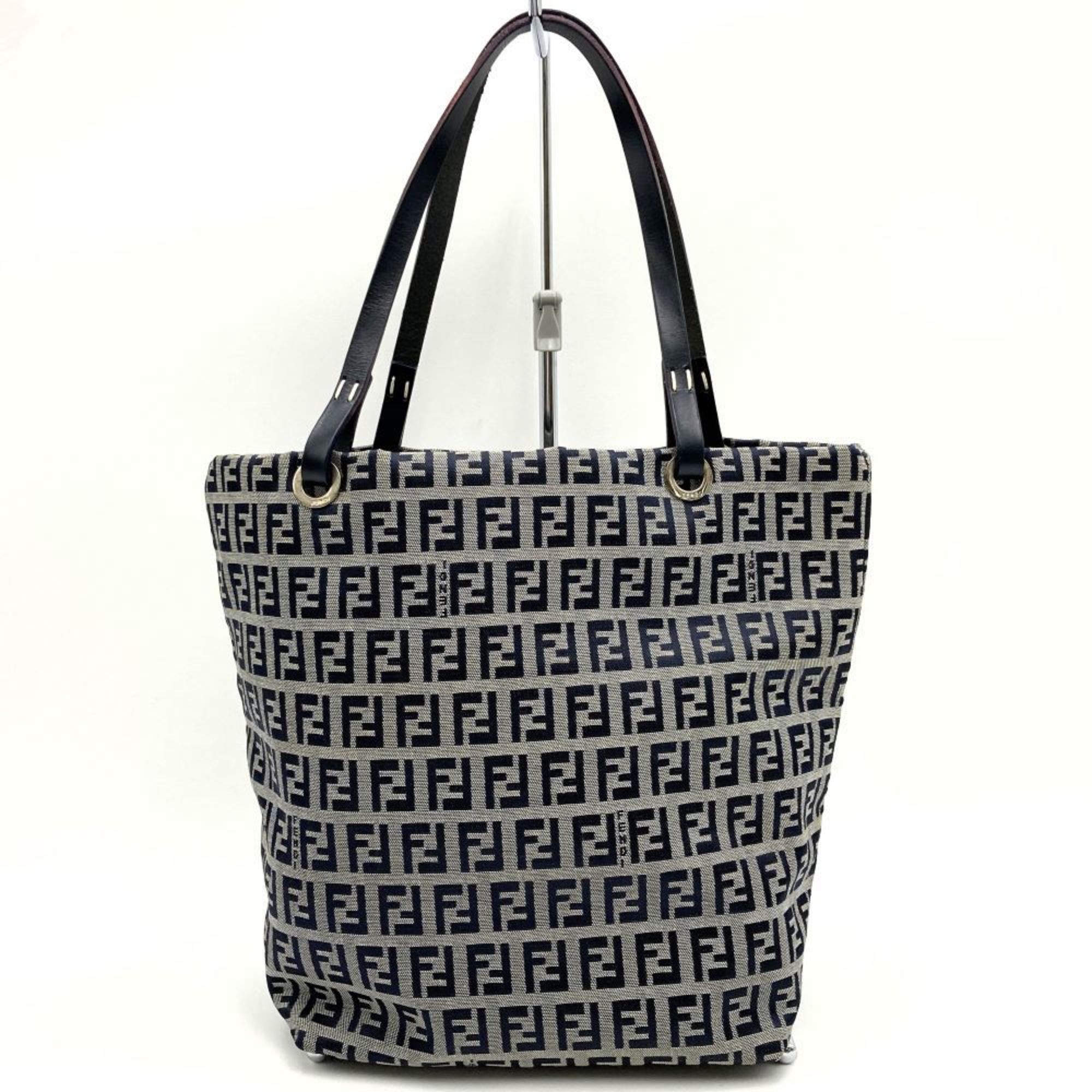 FENDI handbag zucchino pattern navy canvas leather women's