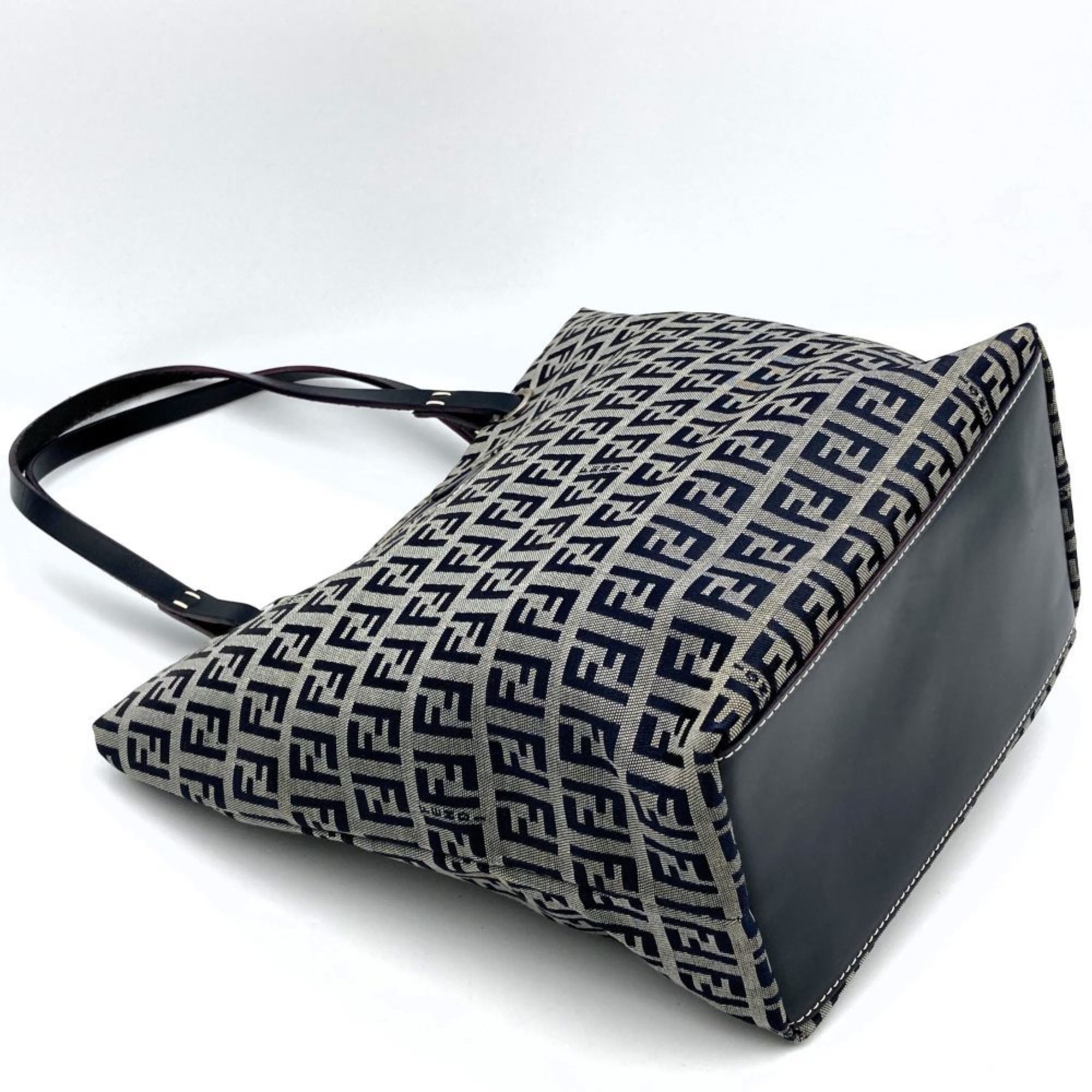 FENDI handbag zucchino pattern navy canvas leather women's