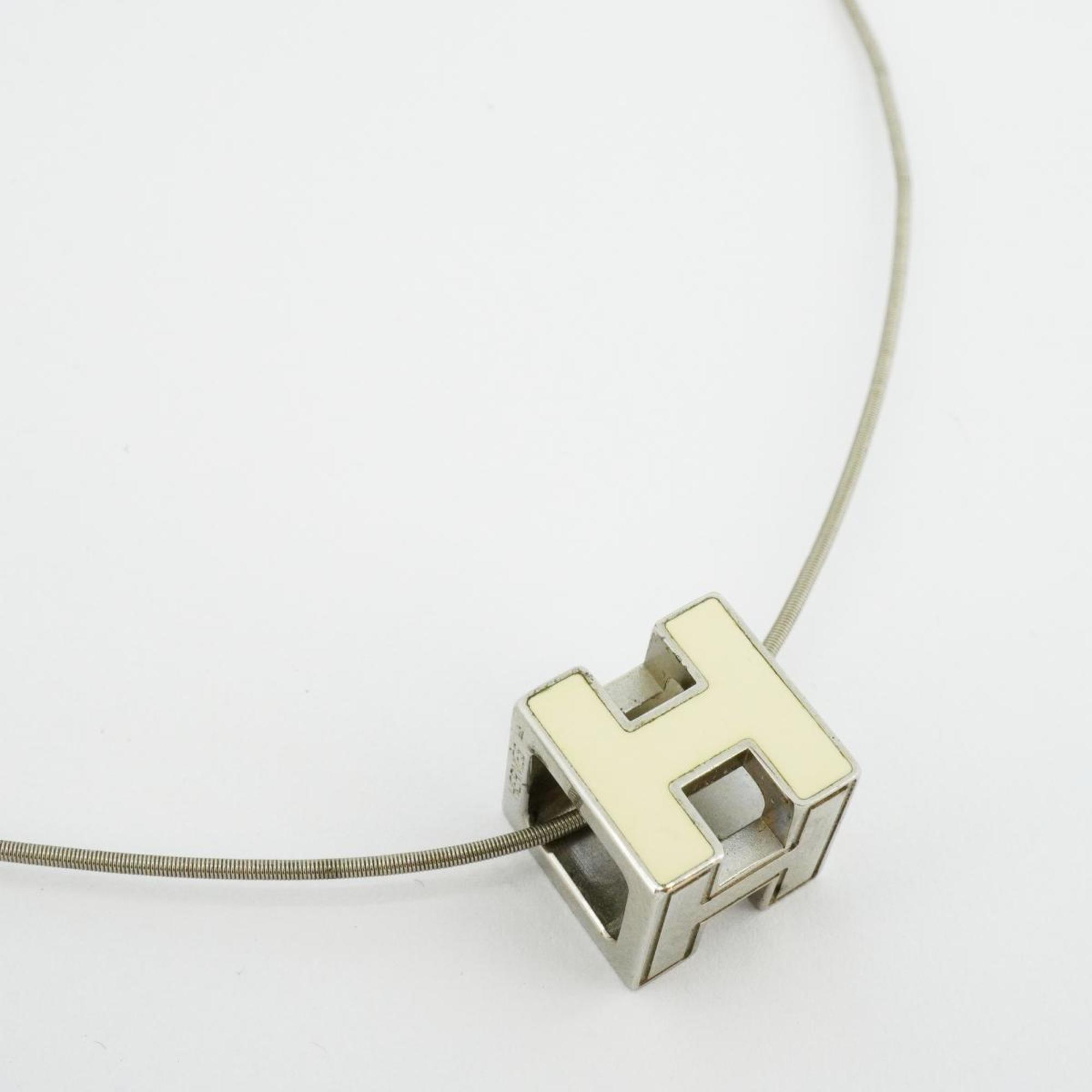 Hermes Necklace H Cube Cage d'Ash Metal Silver White Women's