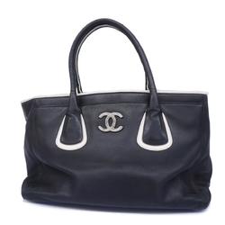 Chanel Tote Bag Leather Black White Women's