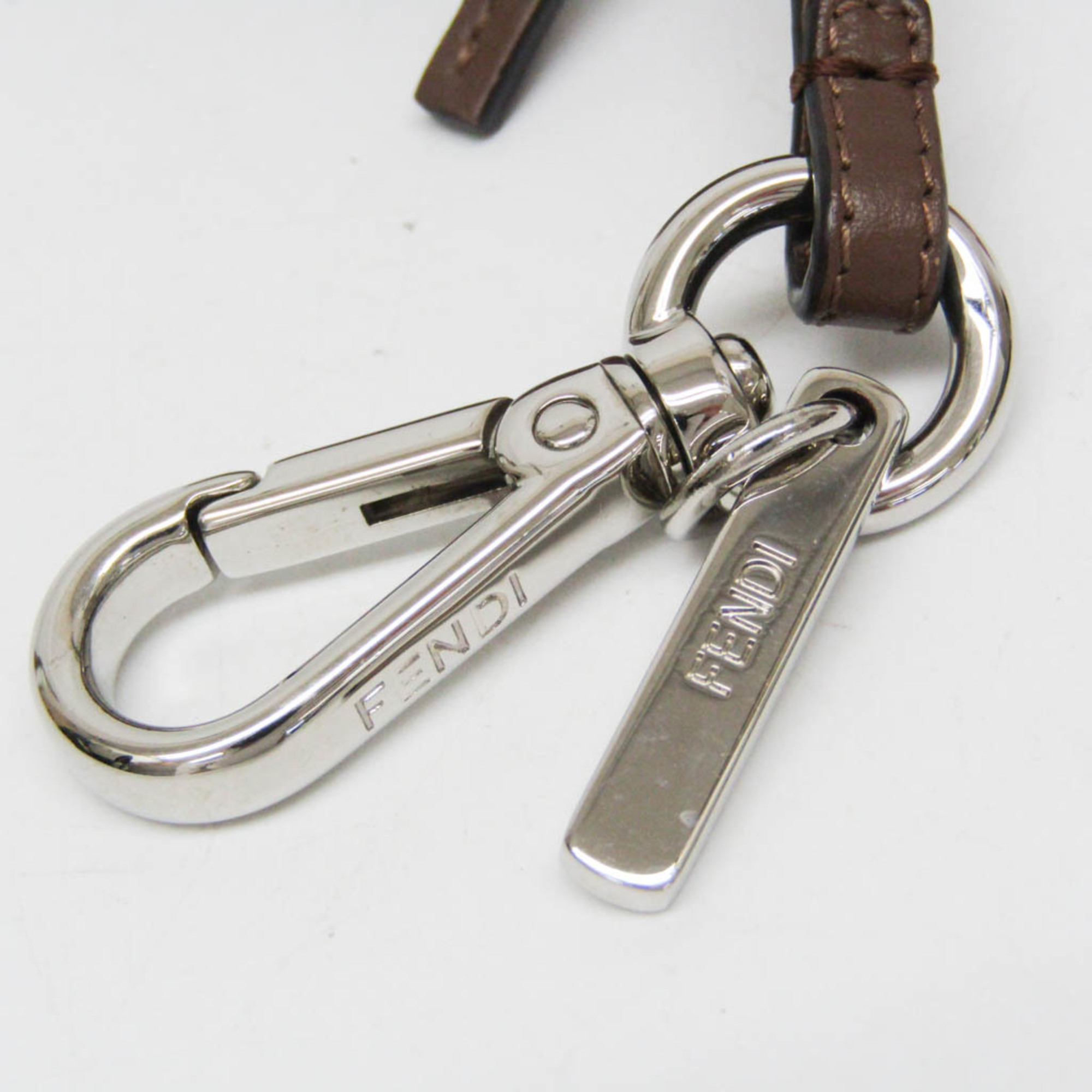 Fendi Fur,Leather,Metal Handbag Charm Dark Brown,Off-white,Silver Toast Keychain 7AR703