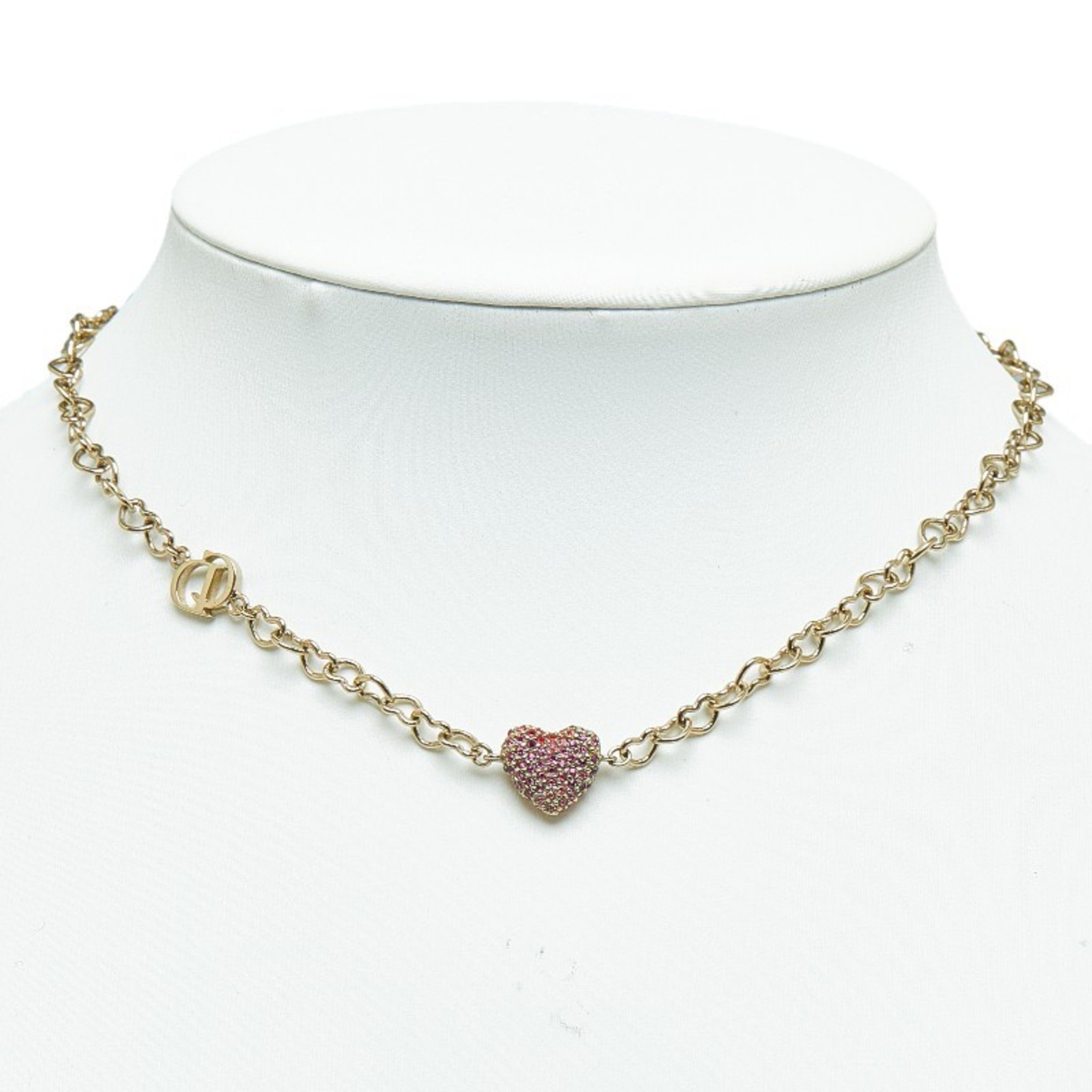 Christian Dior Dior Heart Rhinestone Necklace Silver Pink Metal Women's