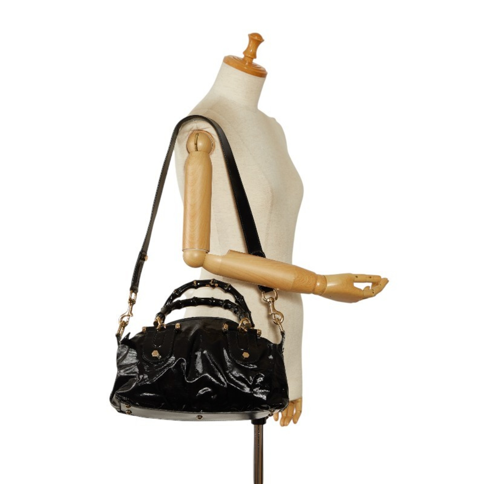 Gucci Bamboo Handbag Shoulder Bag 189869 Black PVC Enamel Women's GUCCI