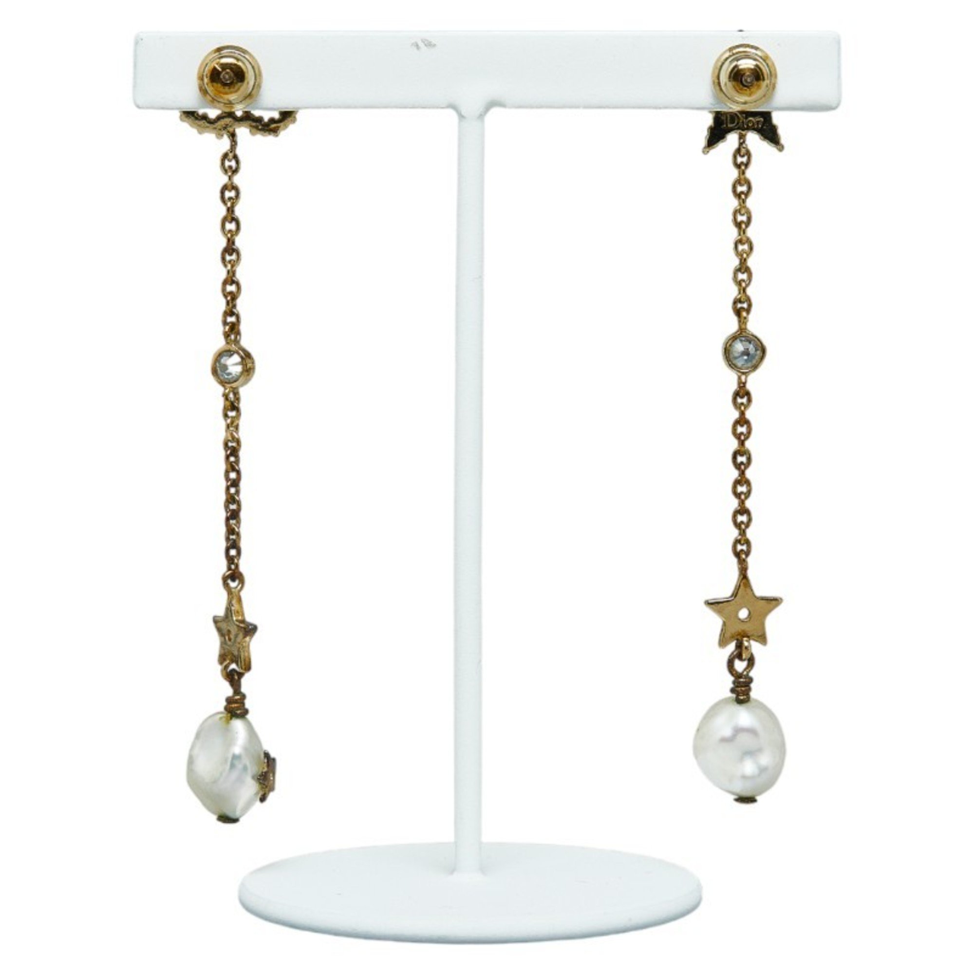Christian Dior Dior CD Star Motif Rhinestone Faux Pearl Earrings Gold Plated Women's